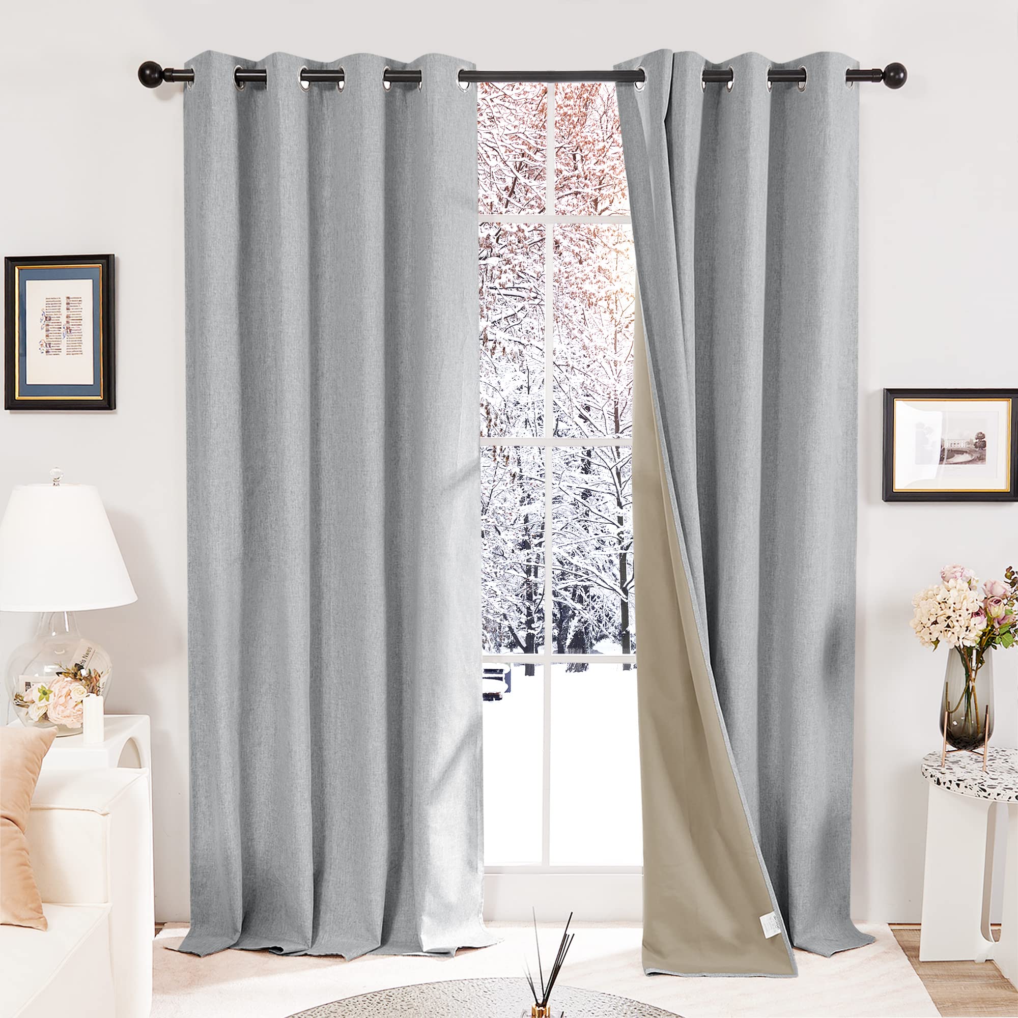 Deconovo Full Blackout Curtains Faux Linen Eyelet Curtains for Bedroom Nursery Blue Grey W46 x L72 Inch One Pair