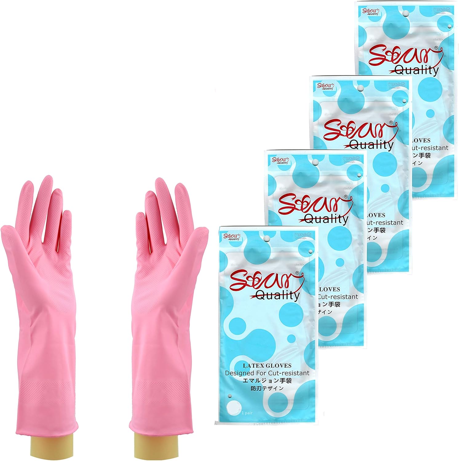 Star 4 Pairs Cut Resistant Latex Gloves | Long Lasting Household Cleaning Gloves | Reusable Kitchen Gloves in Vibrant Colors (Small x 4 Pairs,Pink)………