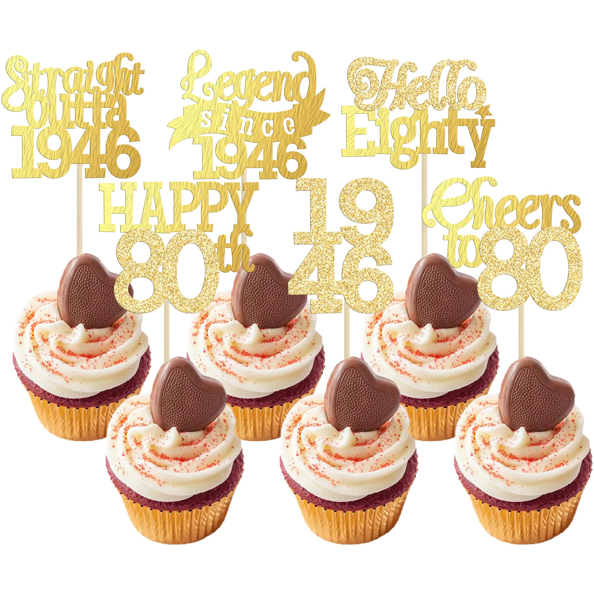 Gyufise 24Pcs Happy 80th Birthday Cupcake Toppers Hello Eighty Legend Since 1946 Cupcake Picks Cheers to 80 Years Cake Decorations for 80th Birthday Anniversary Party Supplies Gold