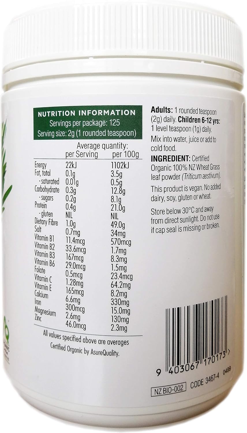 Certified Organic Wheat Grass Powder 250g, Alkalising and Detoxifying, Detox, Immune System, Vegan, No Added Dairy, Soy - Image 3