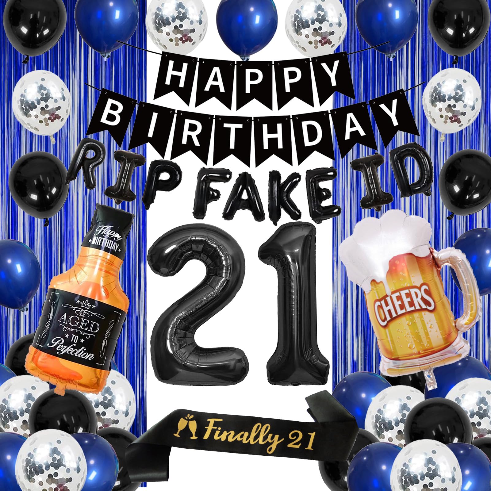 Photo 1 of Roetyce 21st Birthday Party Decorations, Blue and Black Happy 21st Birthday Sash Banner Balloons Fringe Curtain Kit for Her Him, 21 Years Old Party Background Backdrop