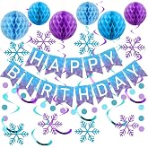 meowtastic Birthday Decorations Happy Birthday Banner with Honeycomb Balls | 16pcs Birthday Set: 1 Banner+6 Honeycomb Balls+8 Snow Spirals+1 Circle Dots, Happy Birthday Decor - FrozenBanner