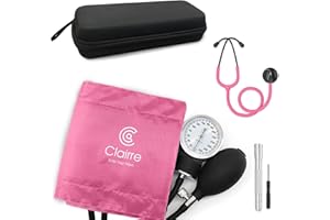 Clairre Premium Blood Pressure Cuff Set with Advanced Stethoscope, Penlight & Storage Case Kit, Aneroid Sphygmomanometer for Professional & Home Adult BP Monitoring, Pink