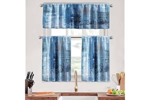 MCALK Blue Kitchen Curtains Tiers and Valances Set 3 Piece for Windows Grey Kitchen Window Curtains Set,Modern Abstract Art Valances for Living Room(36" Tiers Set)