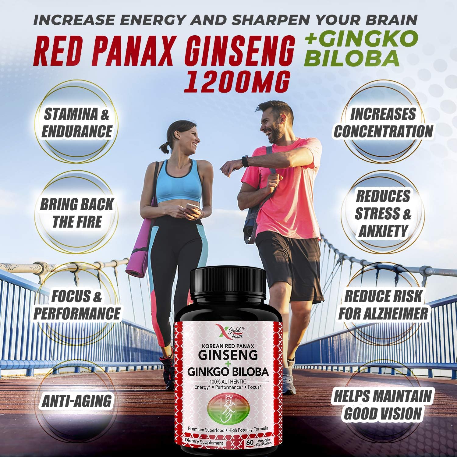Korean Red Panax Ginseng 1200mg + Ginkgo Biloba - Extra Strength Root Extract Powder Supplement w/High Ginsenosides Vegan Capsules for Energy, Performance & Focus Pills for Men & Women: Health & Personal Care