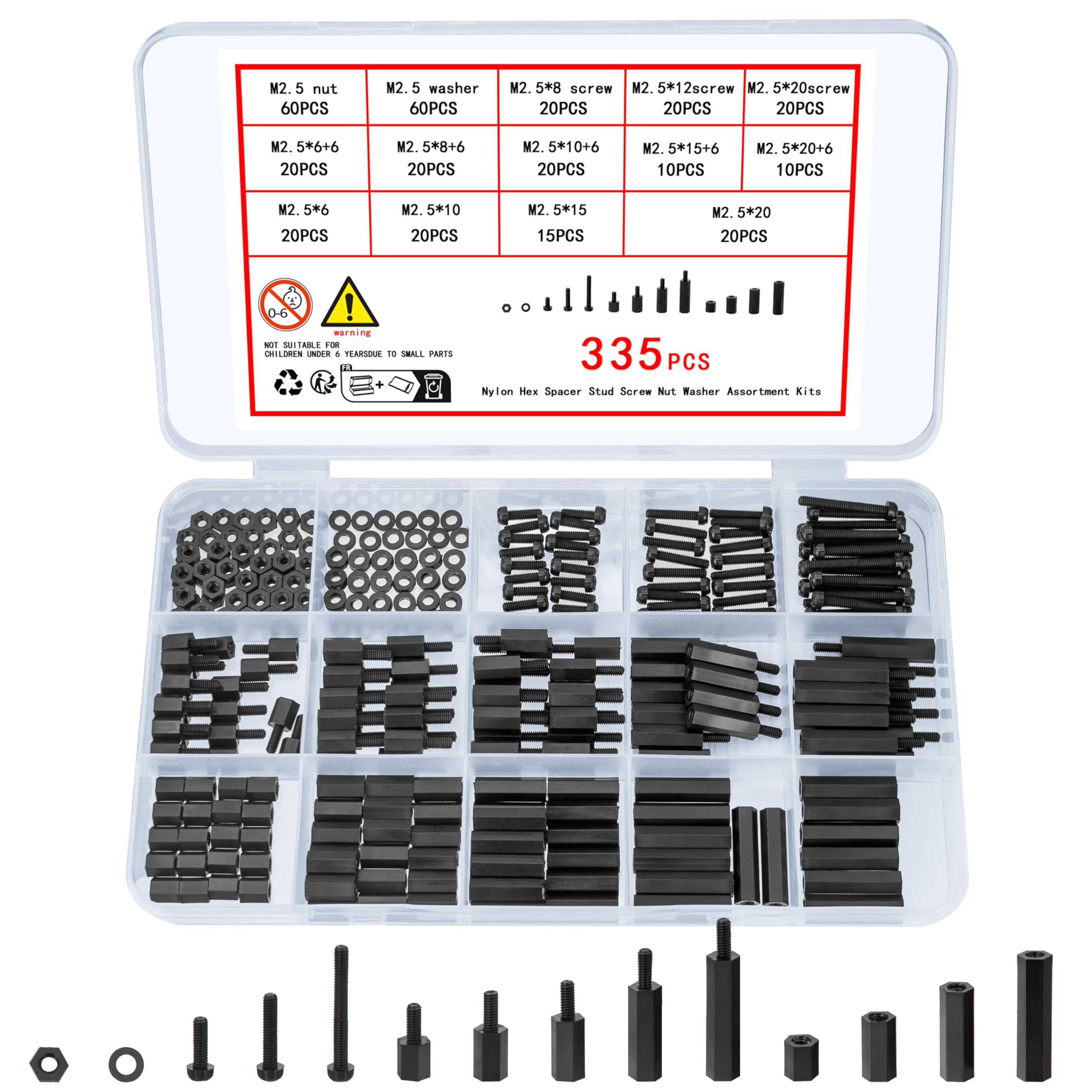Ewwtrey 335 Pcs M2.5 Male Female Nylon Spacer Standoff Screw Nuts, Assorted Black Nylon Threaded Pillars, Cross Head Standoff Spacer Pillar Spacers Washers Assortment Kit for PCB Board Motherboard