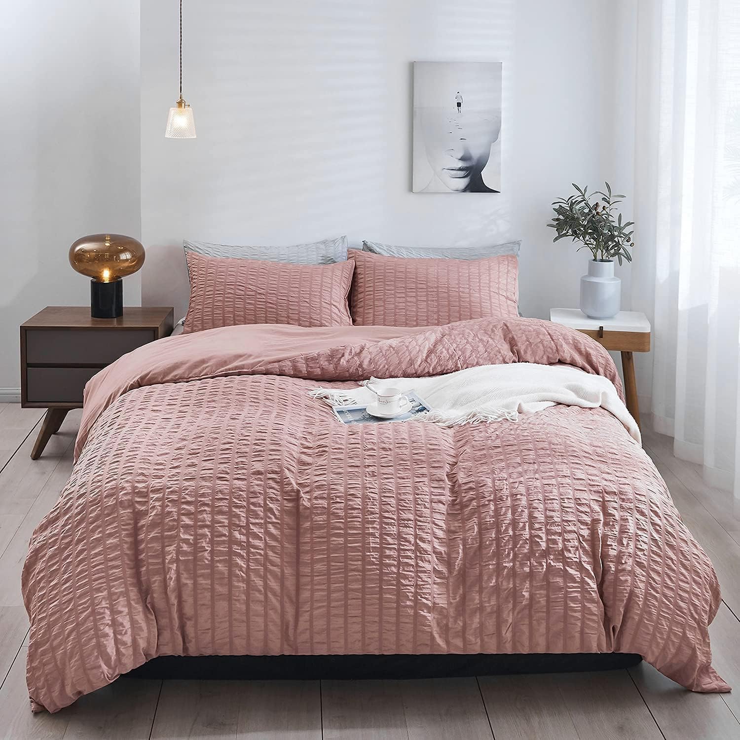 Seersucker Bedding Set Super King Bed Duvet Cover Sets Pink Waffle Quilt Covers with Pillowcases