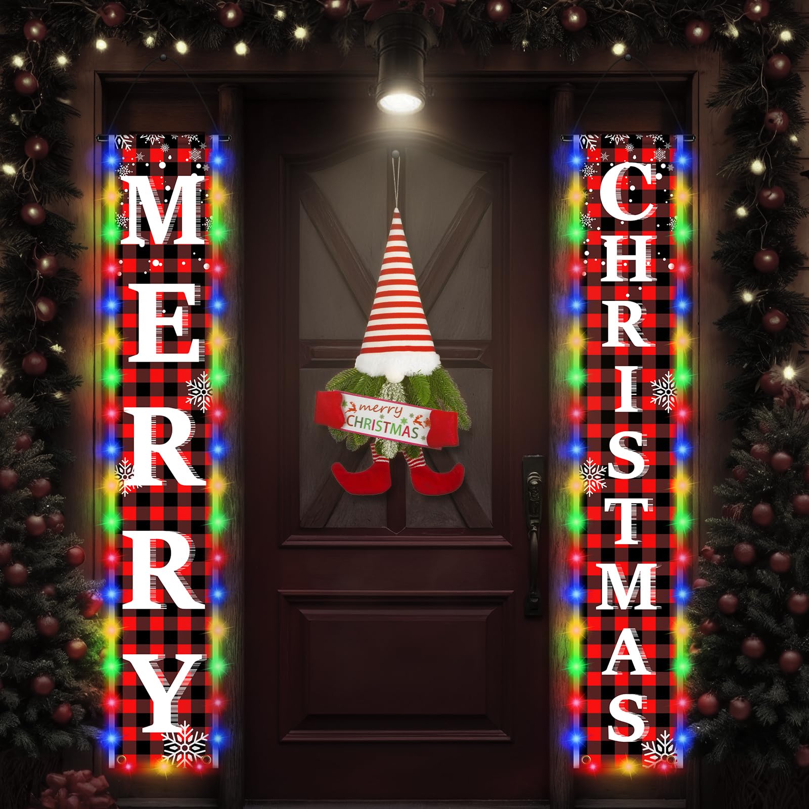 Photo 1 of ***ELF ONLY***Merry Christmas Banner With Led Light and Gnomes Swedish Elf Wreath,Christmas Door Wreath Gnome,Supplies for Decorating Indoor Front Door Wall During Holiday Festival Outdoor,Christmas Decoration Set