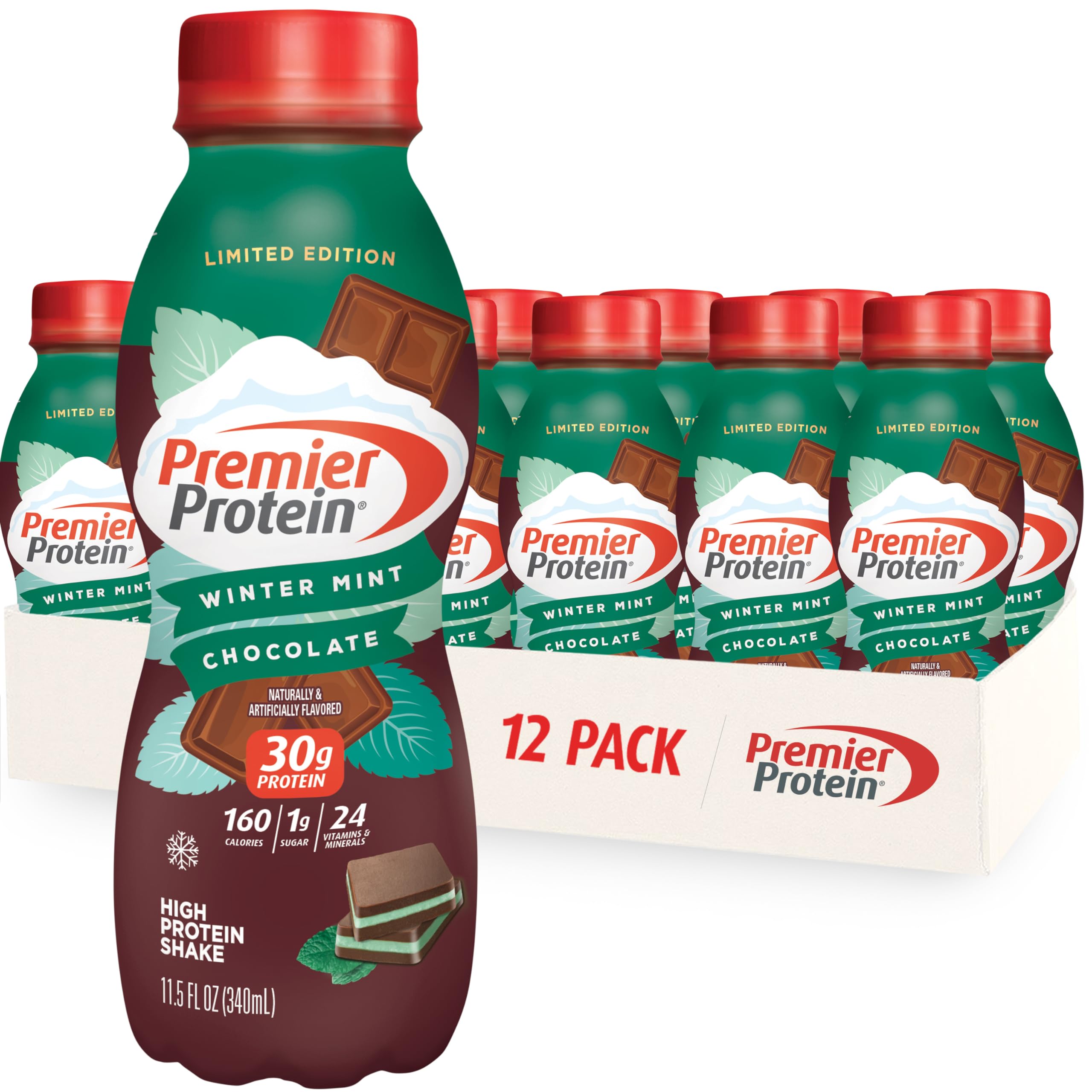 Premier Protein Shake, Limited Edition, Winter Mint Chocolate, 30g Protein, No Added Sugar, 24 Vitamins & Minerals to Support Immune Health, 11.5 fl oz, 12 Pack