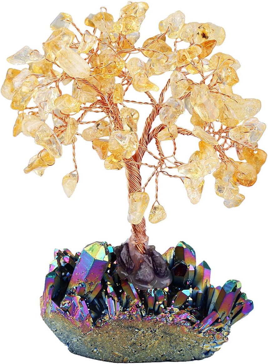 Nupuyai Natural Citrine Healing Crystal Money Tree for Home Decoration,Stone Fengshui Bonsai Figurine Ornaments,Rainbow Crystal Cluster Base