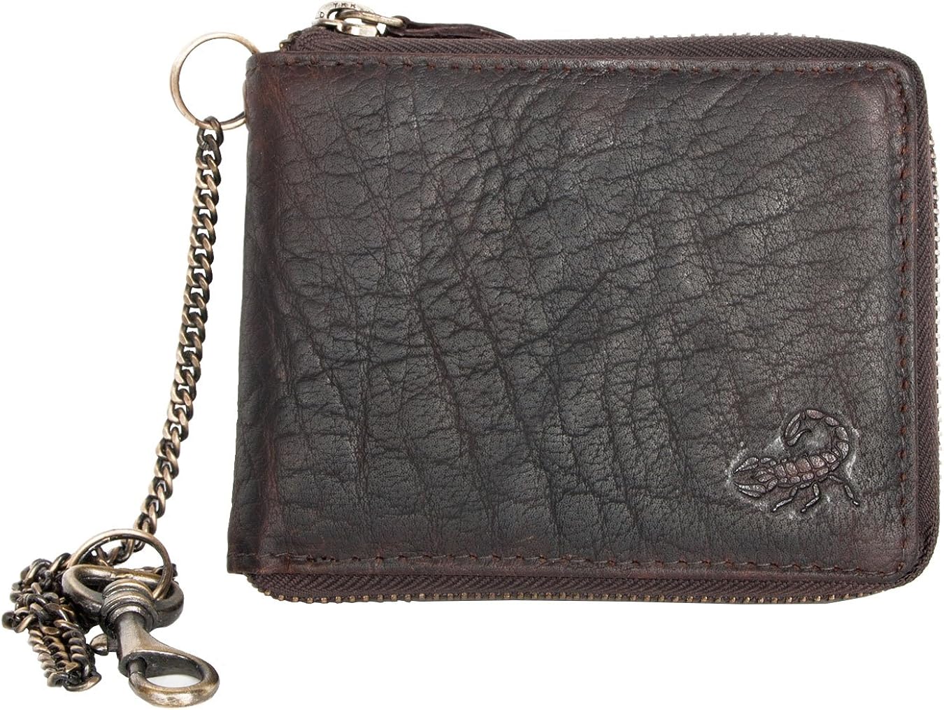 FLW Dark Brown Oiled Strong Durable Genuine Leather Zip-Around Chain Wallet with a Scorpion