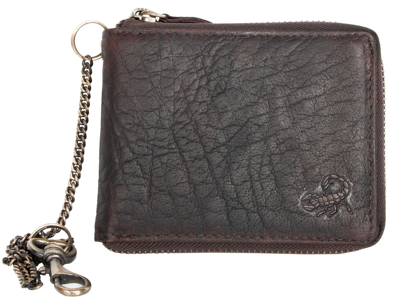 FLW Dark Brown Oiled Strong Durable Genuine Leather Zip-Around Chain Wallet with a Scorpion