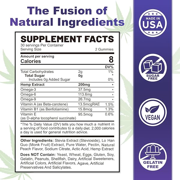HEMPTOTALLY HEMP GUMMIES 200MG, HIGH POTENCY VEGAN HEMP OIL WITH OMEGA 3 6 9, VITAMIN A、E & B1, ZERO SUGAR, 60 GUMMIES, 30 SERVINGS