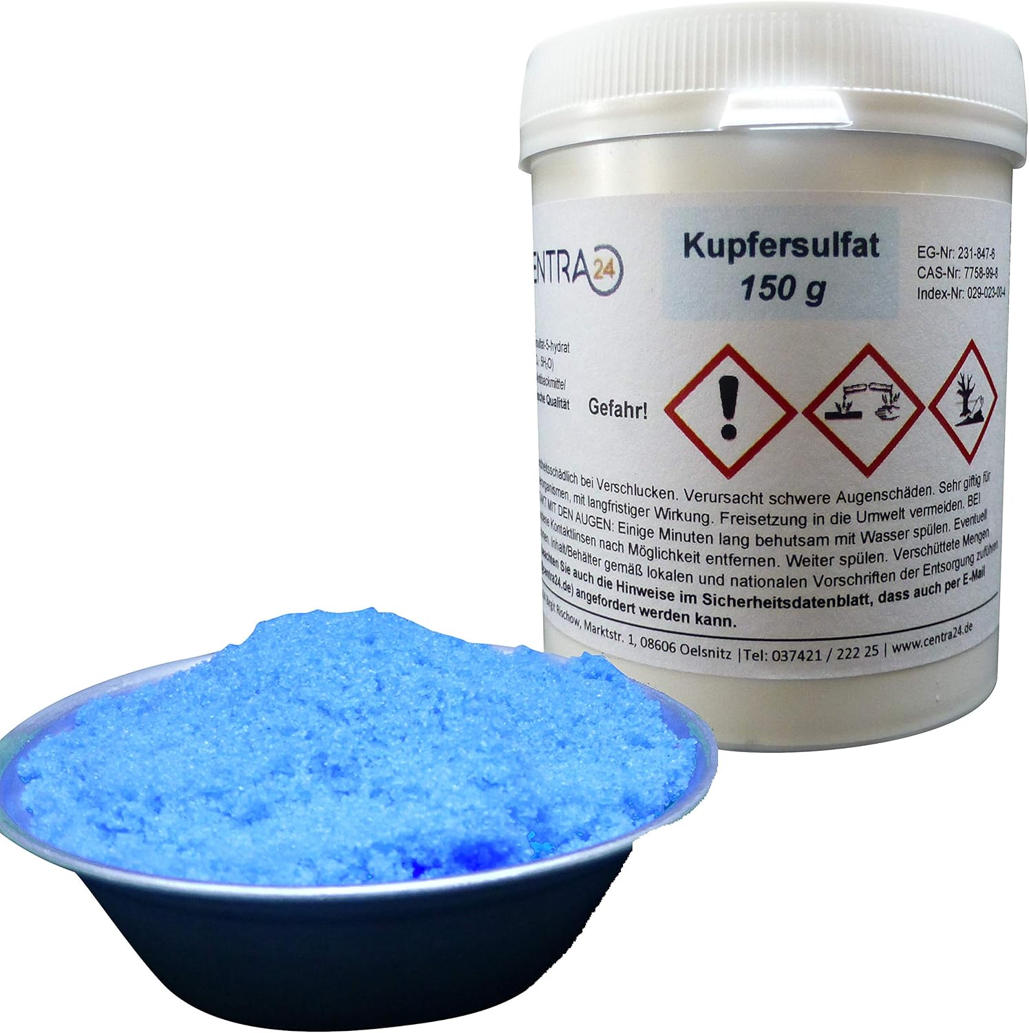 Centra24 Kupfersulfat 150 g in Dose, Kupfervitriol, Kupfer(II)-sulfat-5-hydrat, Wasser, CUSO4 ...