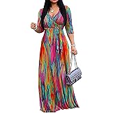 FANDEE Women Print Maxi Dress V Neck 3/4 Sleeve for Women Casual Tie Waist Belted Dresses