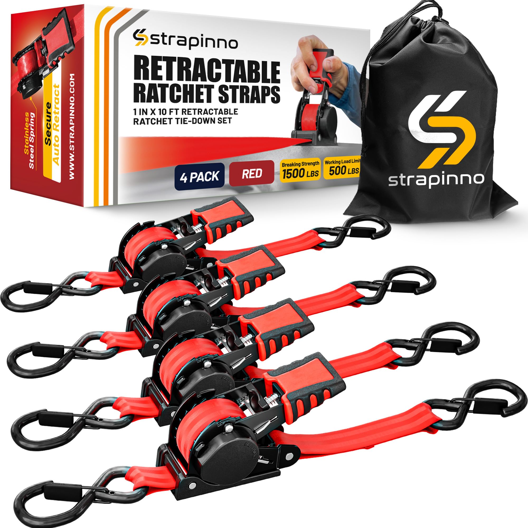 Strapinno Retractable Ratchet Straps 1 in x 10 ft, Secure Tie-Downs with Rubber-Coated Steel Handles, for Motorcycle, Jetski, Kayak, Breaking Strength 1,500LBS/680KG (Red Strap, Black Coated)