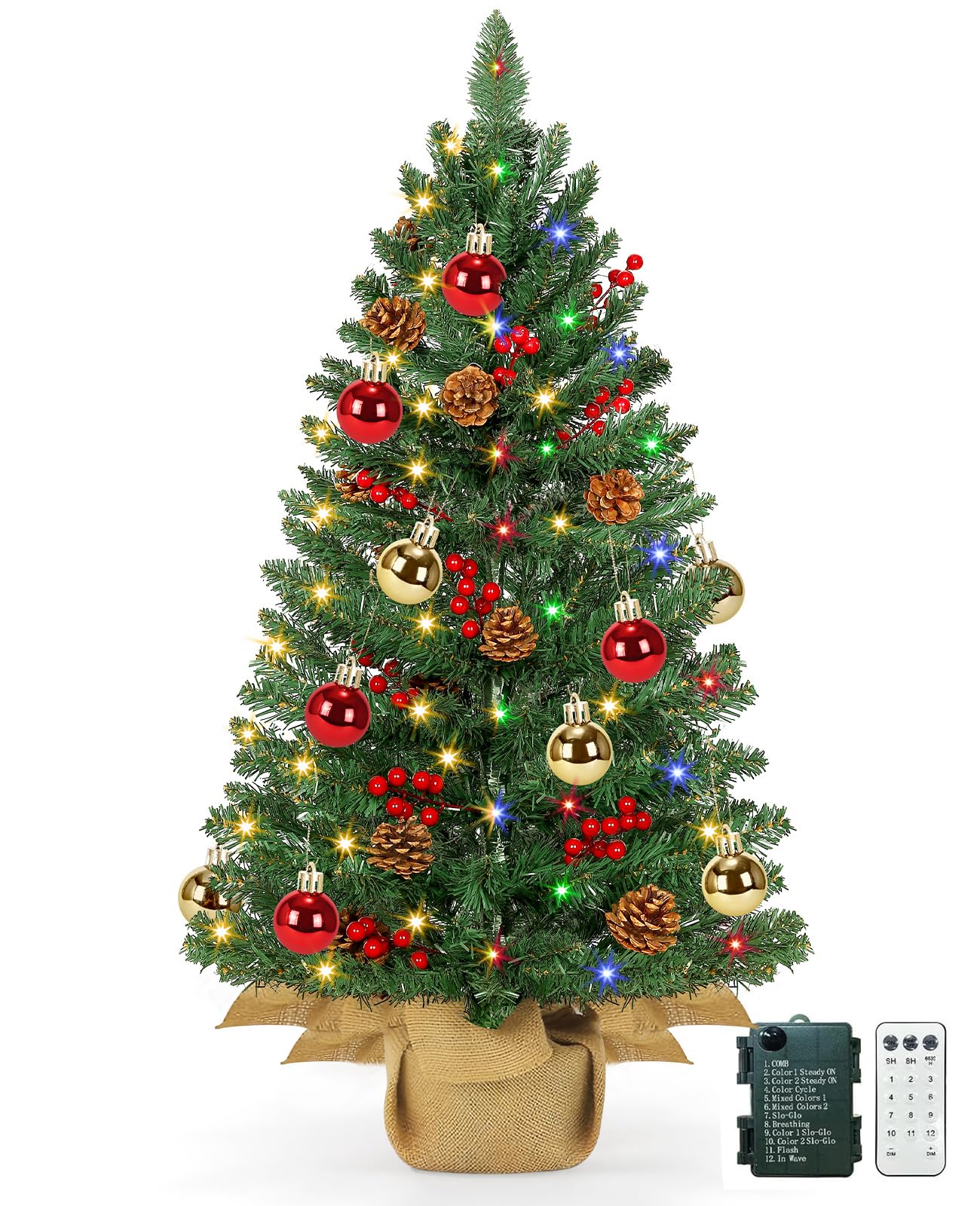 Photo 1 of [12 Modes & Timer] 3 Ft Christmas Tree, Artificial Tabletop Christmas Tree with 70 Warm White & Muliti Lights Pine Cones Red Berried Balls Burlap Base Battery Xmas Tree Home Christmas Decorations