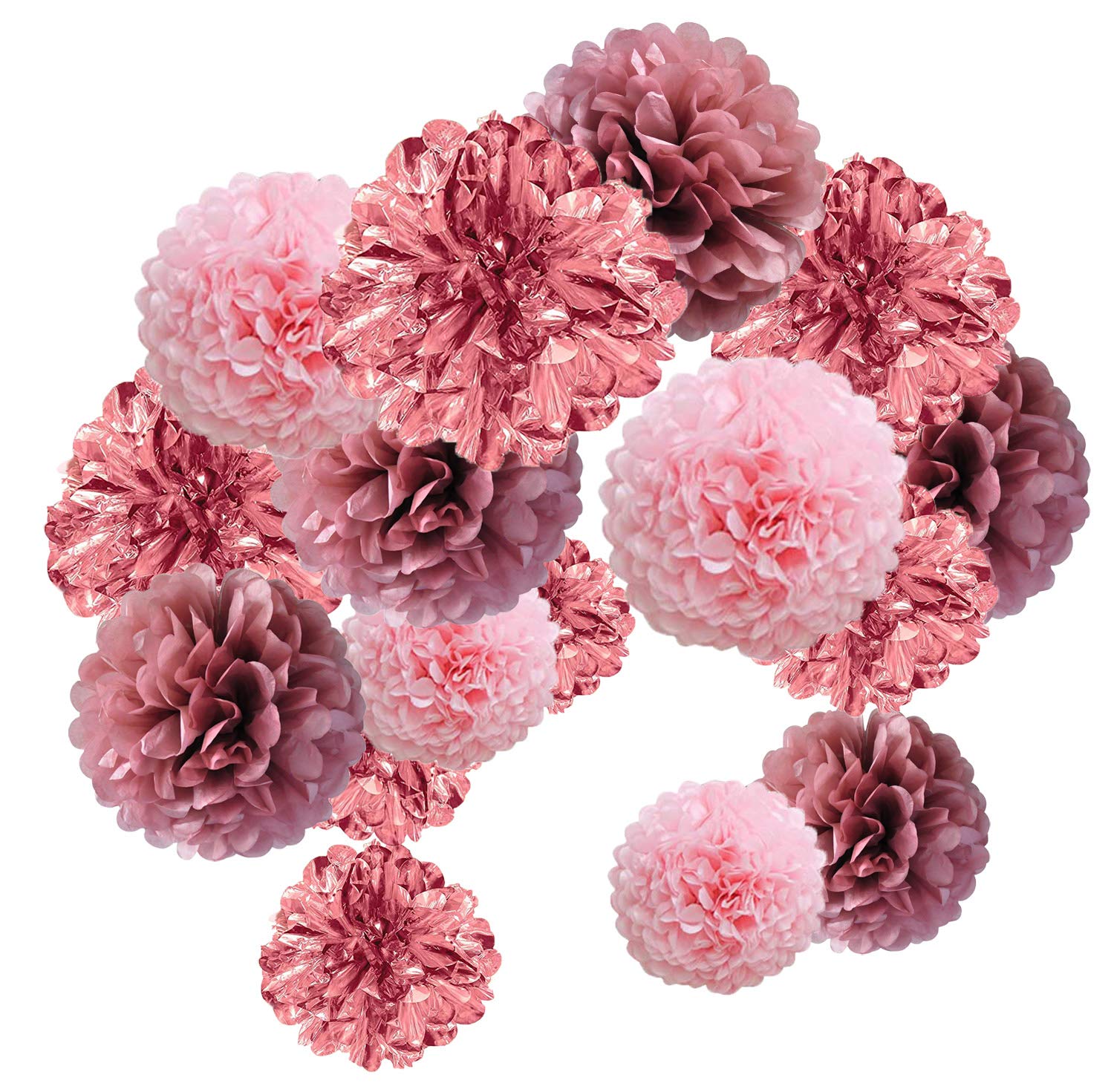 15 pcs Pom pom Decorations Tissue Pom Poms Paper Flower Ball for Wedding Festival Party for a Photo Wall Metallic Rose Gold (30.5 cm / 25 cm / 20 cm). — image 1