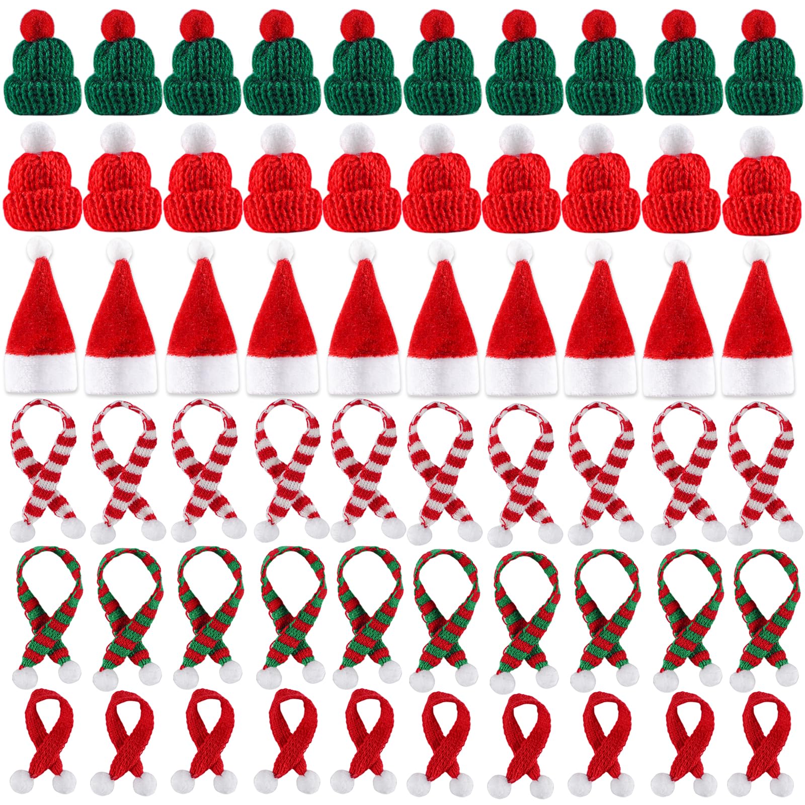 NAESM 60 Pcs Christmas Mini Knit Hat Scarf Set, Red Green Mini Christmas Hat Crafts, DIY Craft Art Cute Doll Clothes Accessory Toy Decor