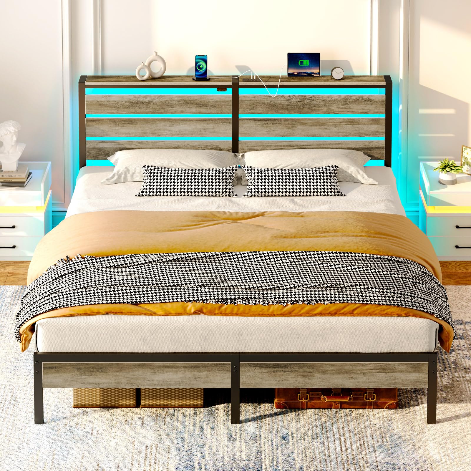 Rolanstar Bed Frame King Size with USB Charging