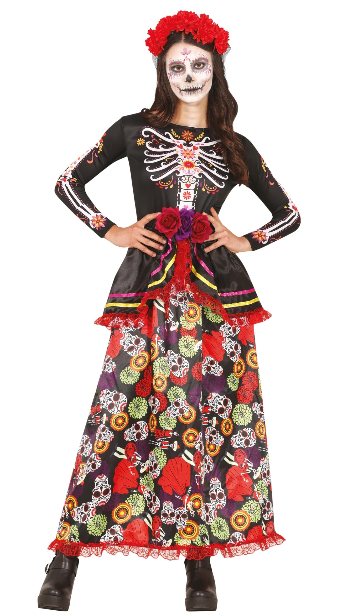 FIESTAS GUIRCA Day of the Dead - Long Dress with Skull Print and Flowers Headband Fancy Dress Costume Adult Woman Size M 10-12
