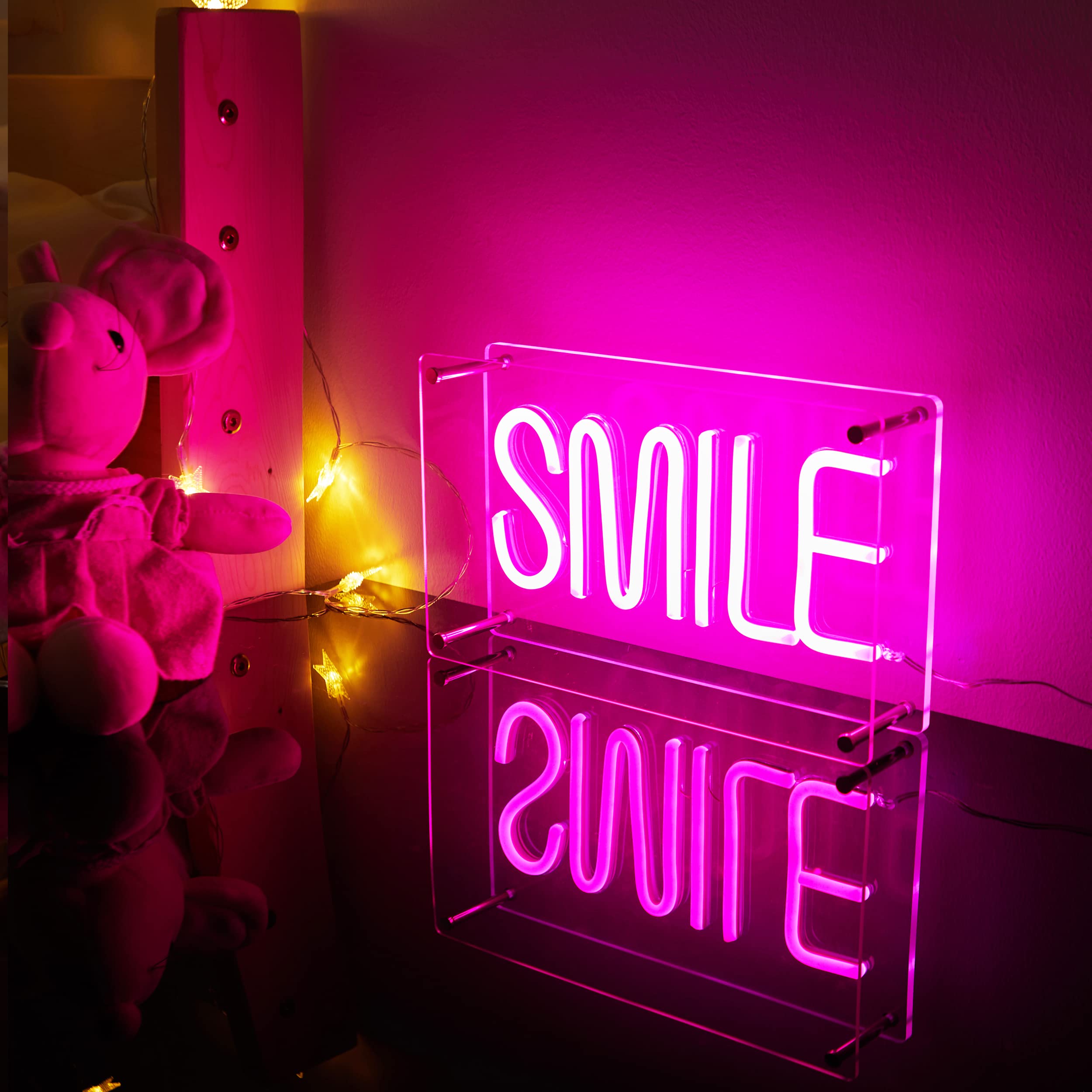 Photo 1 of EASETIME Smile Neon Sign Valentine Decorations Custom Neon Signs for Wall Decor Pink Led Light up Sign USB Light Box Letters Neon Lights for Bedroom Party Bar Decor Kids Teen Room Decor