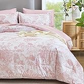 DJY Queen Size Comforter Sets, Pink Botanical Comforters with Sheets 7 Pieces Bed in a Bag Queen Elegant Plants Print Christmas Soft Microfiber Reversible Complete Bedding Sets for All Season