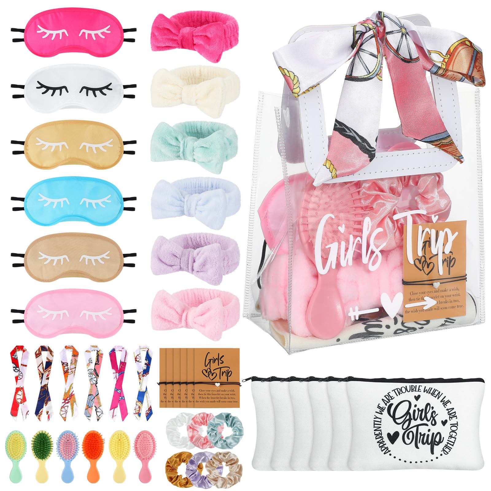 Photo 1 of 54 Pcs Girl Trip Gifts Favors 2025 Girls Weekend Gifts Set, Stuff Handbag Bracelet Eye Mask Travel Makeup Bags Hair Bands Headbands Scarf and Mini Hair Brush for Sleepover Bachelorette Cruise Vacation