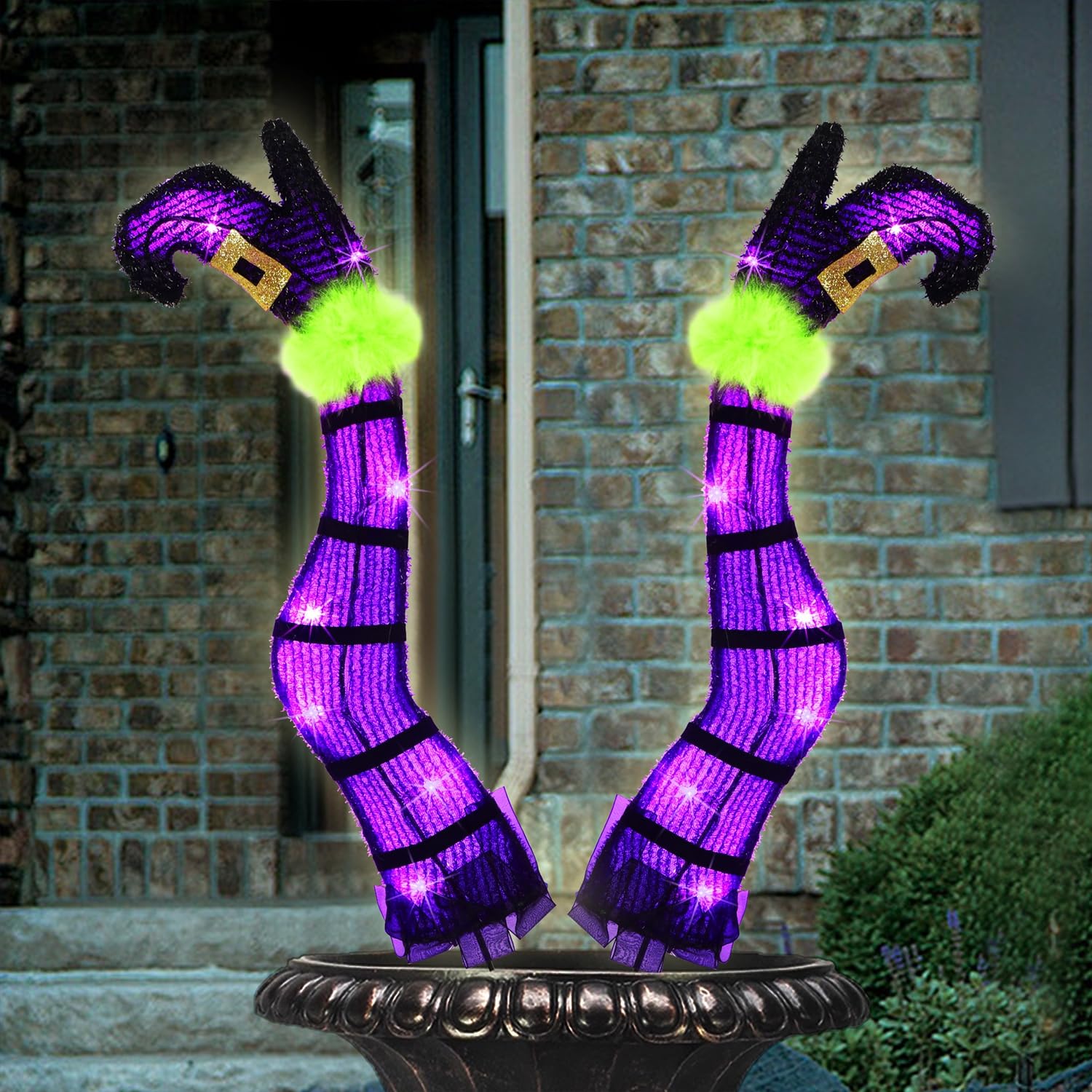 Photo 1 of Juegoal Set of 2 Halloween Lighted Wicked Purple Witch Legs with Stakes, 22" Light Up Tinsel Halloween Yard Sign Prop Timer & 8 Modes, Battery Operated for Outdoor Party Haunted House Garden Decor