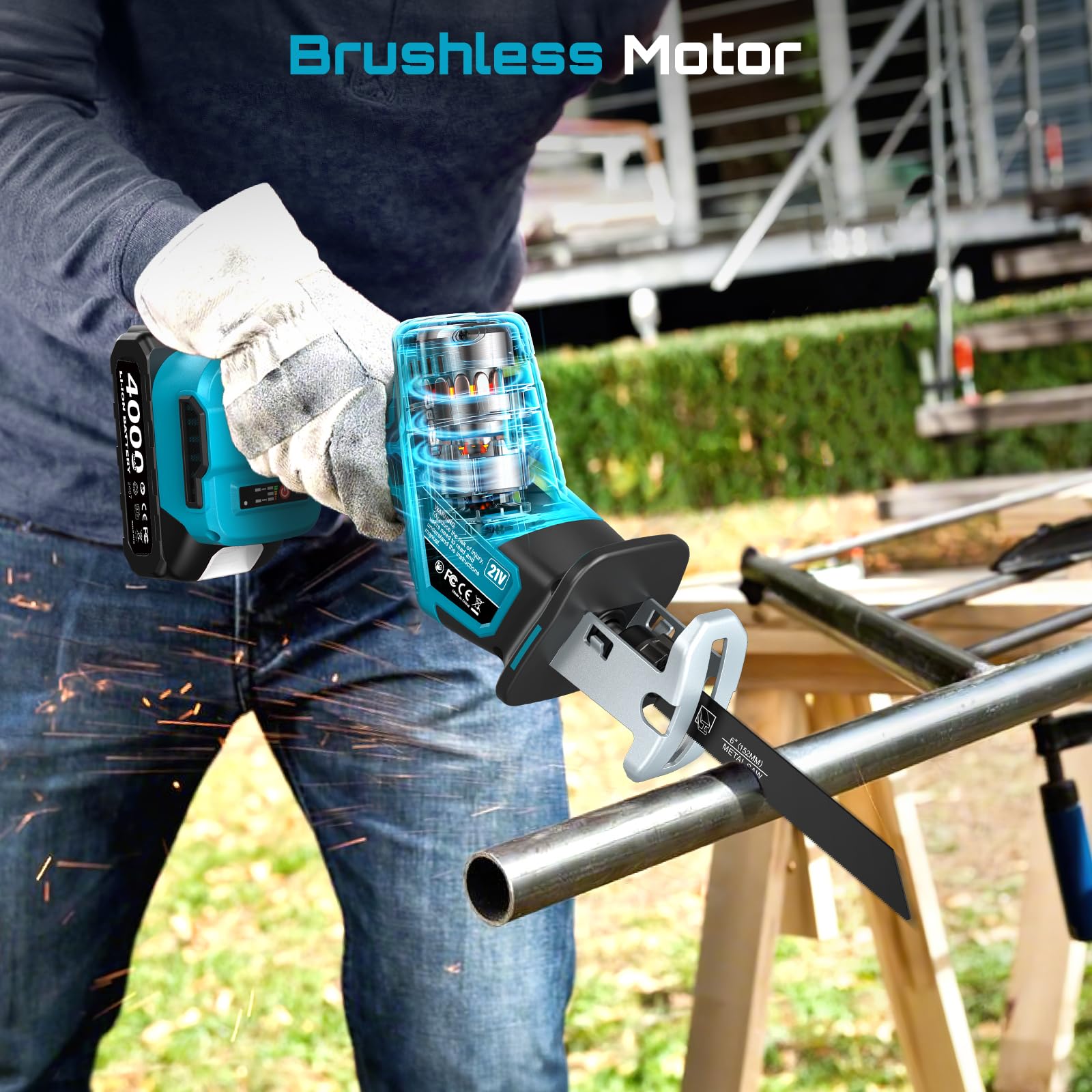 SEESII Säbelsäge Akku, 3500 RPM Bürstenloser Motor Akku Universalsäge mit 2 x 4.0Ah Batterien, LED Licht, 6 Sägeblätter tragbar für Holz PVC Schneiden 4