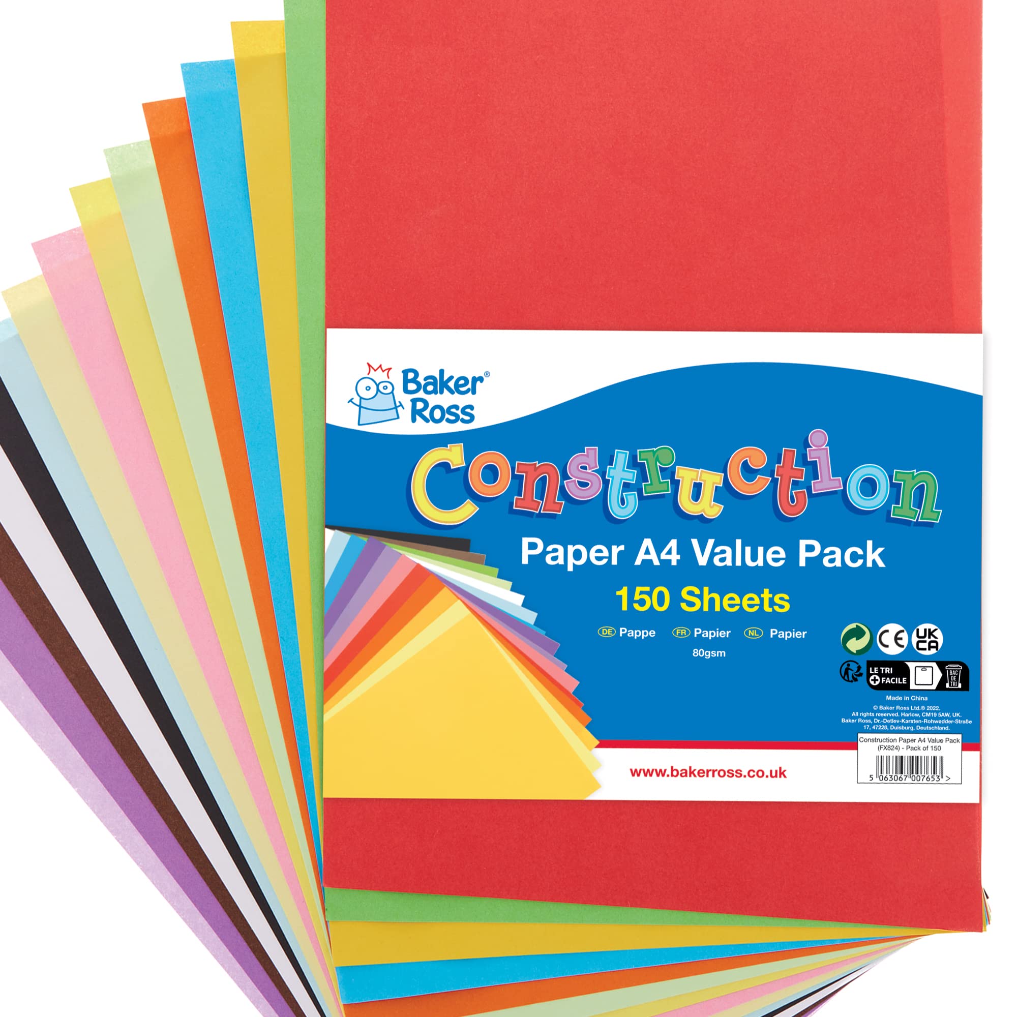 Baker Ross FX824 A4 Construction Paper Value Pack - Pack of 150, Classroom Craft Essential, Arts and Crafts for Kids, School Supplies