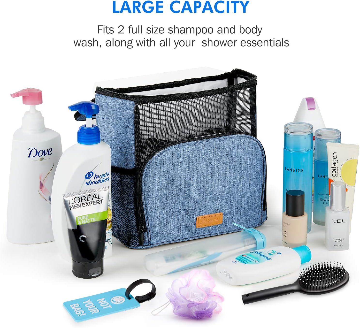 Hiverst Hanging Toiletry Bag, Shower Caddy Tote Bag (Updated Version, Full Size Bottle Compatible), Bath Organizer for College Dorms, Gym, Camp, Women Men, with Funny Luggage Tag: Home & Kitchen