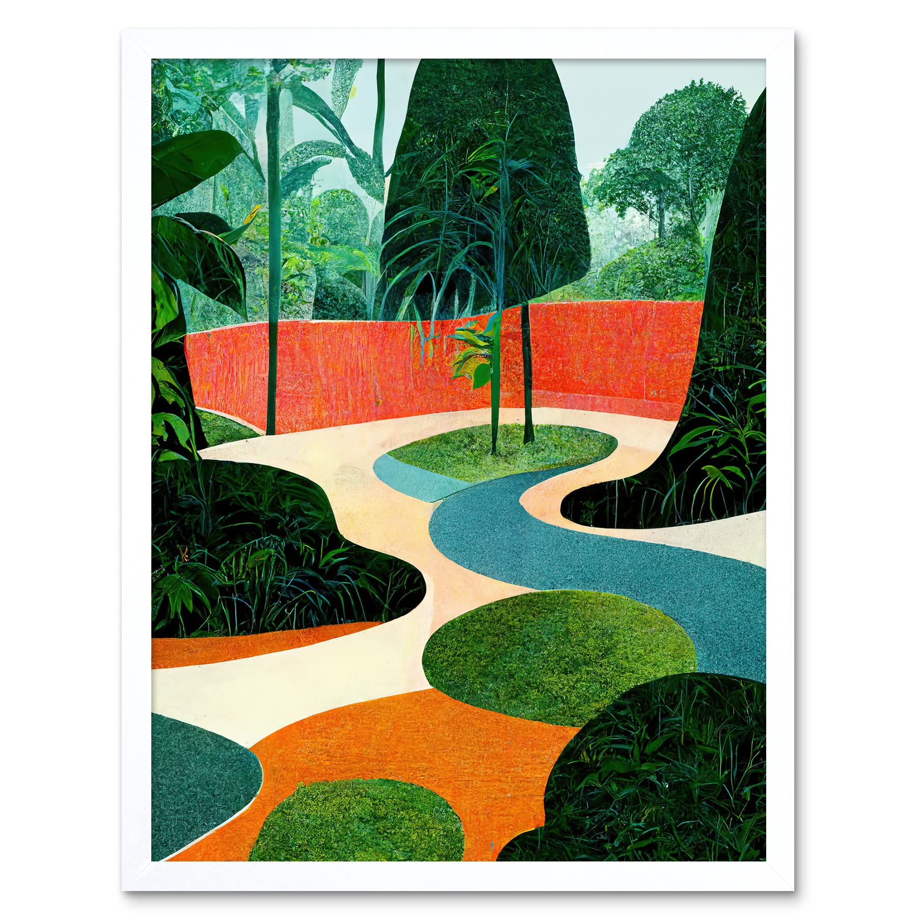 Wee Blue Coo Midcentury Style Garden Abstract Jungle Painting Orange Teal Green Art Print Framed Poster Wall Decor 12x16 inch