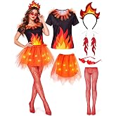 6 Pcs Halloween Fire Costume Set for Women, Halloween Flame Accessories | Flame Top, LED Tutu Skirt, Fire Headband, Sunglasses, Earrings, Stocking, Orange Dress up, for Halloween Parties and Cosplay