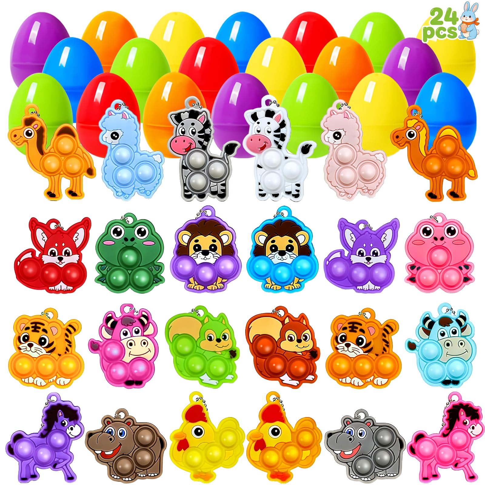 Pinkcow Prefilled Easter Eggs for Kids Toddler - 24 Pack Pre Filled Eggs Bulk with Mini Animal Pop Keychain Toys Inside for Egg Hunt, Basket Stuffers, Party Favors Prizes, Easter Games