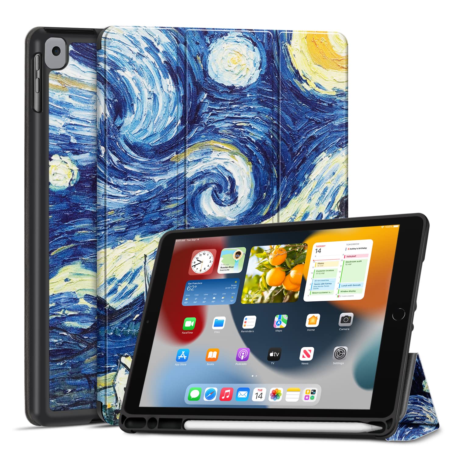 TNP Case for iPad 9th Gen 2021/iPad 8th 2020/iPad 7th 2019 Generation Protective Cover with Pencil Holder - 10.2 inch Slim Soft TPU Trifold Stand PU Leather Folio Auto Sleep Wake - Starry Night