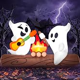 Joiedomi 6ft Long Halloween Inflatable Ghost Outdoor Decoration, Cute Blow Up Ghost Roasts Cotton Candy Over Campfire with LED, Halloween Blow Up Yard Decoration for Holiday Party Garden Lawn Decor