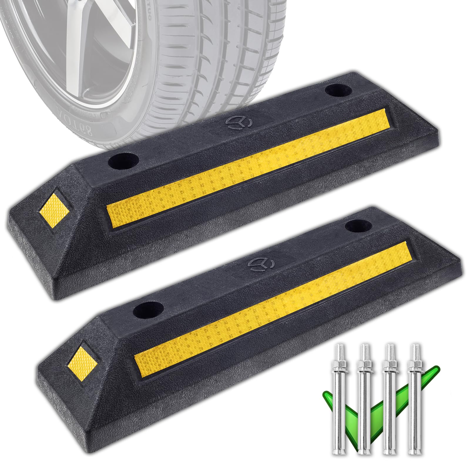Genubi Industry Rubber Curb, Black Heavy Duty Parking Blocks Parking Target with Yellow Refective Stripes, Wheel Stop Stoppers for Car, Truck, RV, Trailer, and Garage, 2 Pack Professional Grade