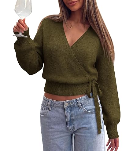 Milumia Women's V Neck Cinched Waist Wrap Sweater Cardigan Tops
