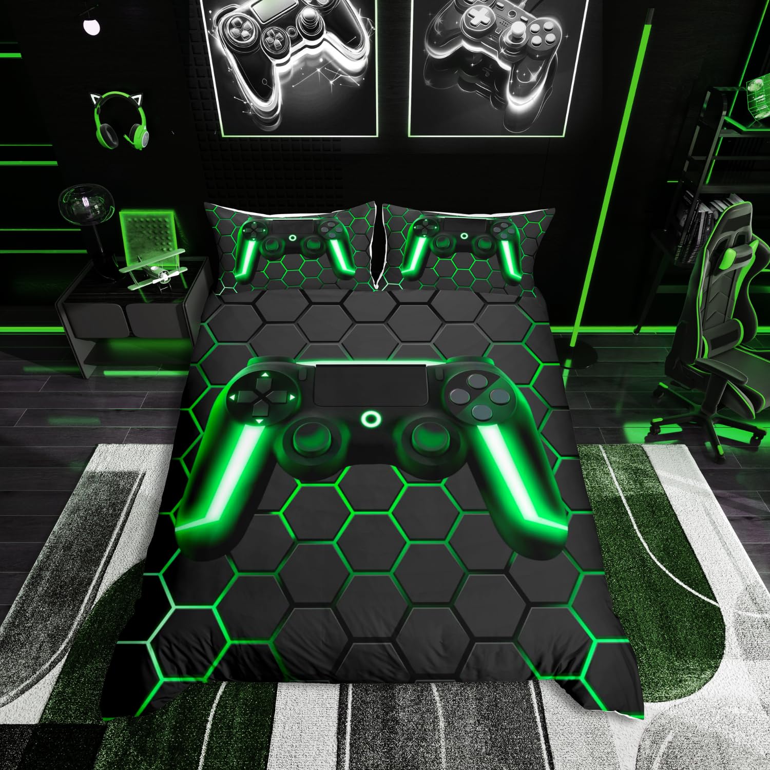 Geometric Gamer Duvet Cover Set Neon Lights Geometric Comforter Cover Honeycomb Gamepad Gaming Bedding Sets for Kids Teen Boys Beehive Hexagon Quilt Cover 3 Pieces King Size Grey Green… — image 1