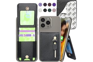 Harryshell Stick on Adhesive Phone Wallet with Card Slots [Hold Up to 6 Cards] [Kickstand] Cash Coin Zipper Pocket for iPhone/Samsung/Google Most Smart Phones (Black)