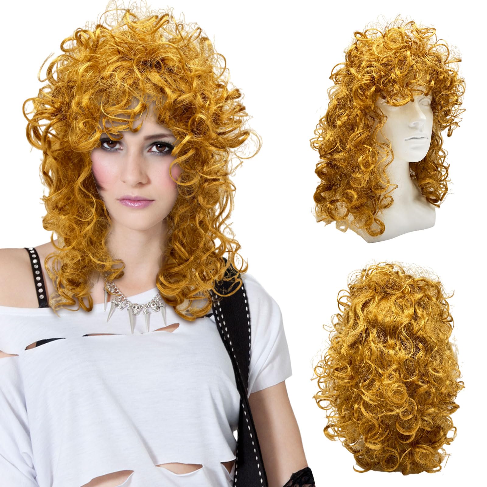 UILYNIU 80's Blonde Curly Wig for Women Fancy Dress 1990's Fancy Dress Wig for Women, Ladies Wavy Wig Costumes Accessories, Women's Disco Rock Wigs For Halloween Carnival Cosplay Party Wigs (Blonde)