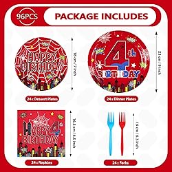 Grencian 96Pcs Spider 4th Birthday Party Supplies