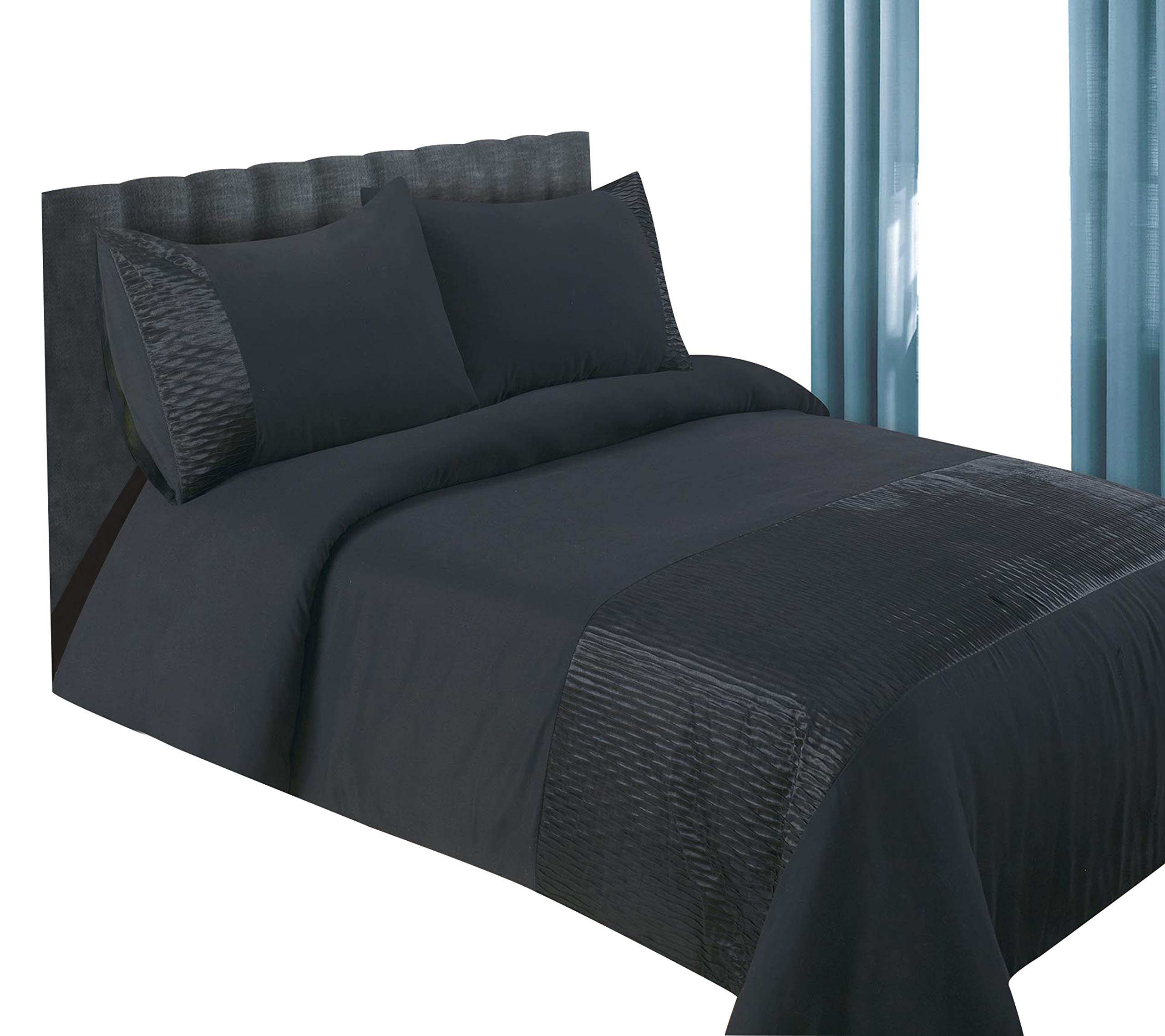MICROFIBRE POLYESTER DUVET COVER BED SET INC PILLOWCASES – DOUBLE KING & SUPERKING IN BLACK CREAM SILVER & TEAL (Superking, Plain Black)