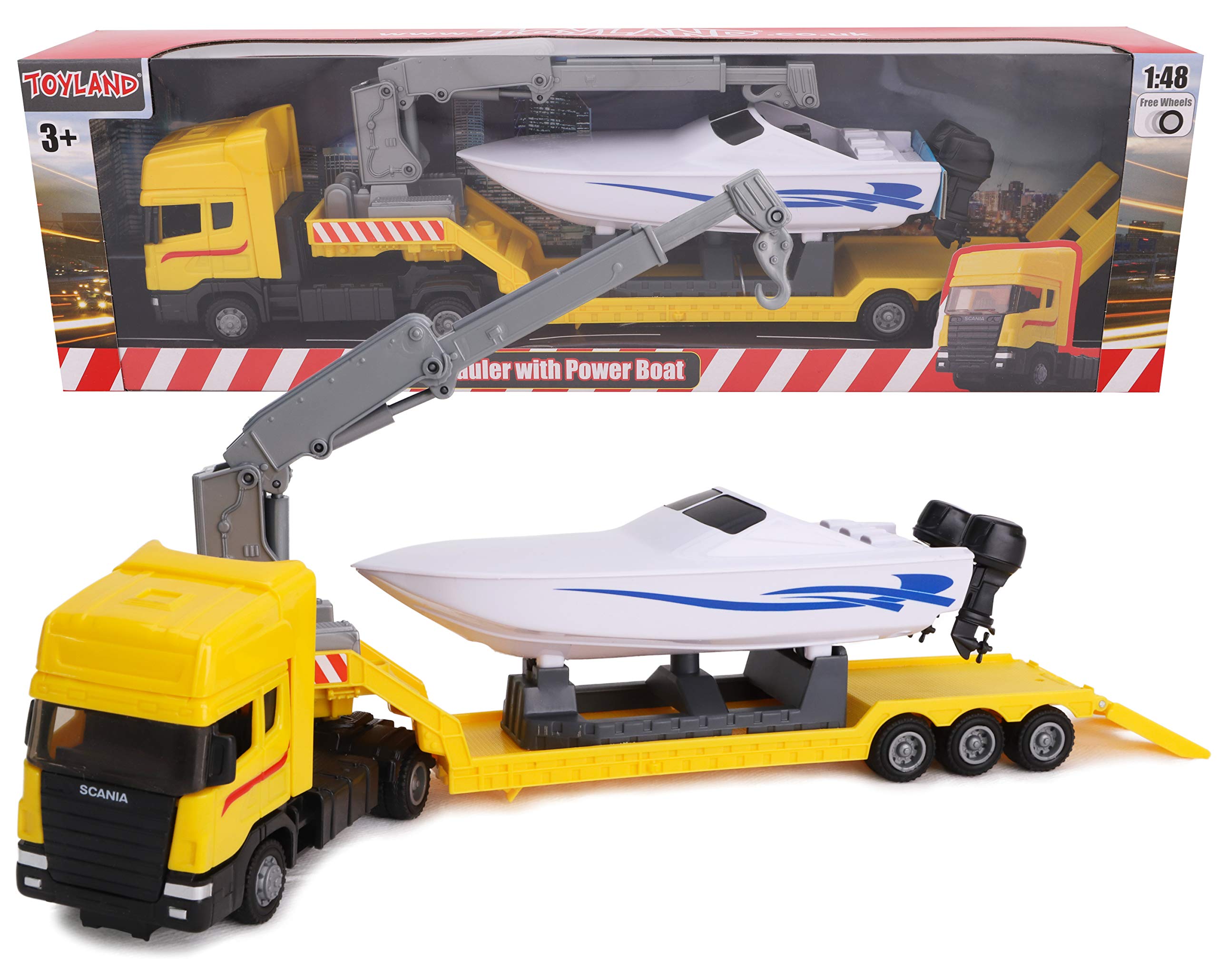 Toyland® Scania Flatbed Hauler Transporter Truck With Power Boat - 1:48 Scale - Free Wheel