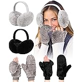 Jeere 4 Pack Winter Faux Fur Ear Muffs and Flip Mittens Set for Women Fingerless Gloves Fuzzy Ear Warmers Muffs Cover Outdoor