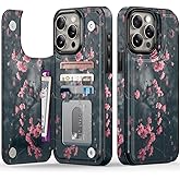FUNMIKO for iPhone 15 Pro Max Wallet Case with Card Holder, RFID-Blocking, Military-Grade Protection & UV-Printed Artwork, Magnetic Closure with Leather Kickstand - Mystic Blooming Plum