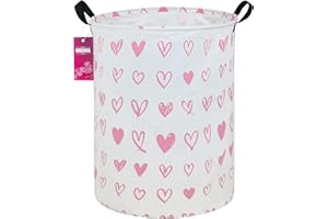 INGHUA Laundry Hamper Large Canvas Fabric Lightweight Storage Basket/Toy Organizer/Dirty Clothes Collapsible Waterproof for College Dorms, Boys and Girls Bedroom,Bathroom(Pink hearts)