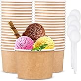 Promora 12oz Paper Ice Cream Cups Disposable 50 Count + Spoons, Bowls for Hot Soup/Dessert with Spoons, Perfect for Hot & Cold Food, Disposable Soup Bowls, Ice Cream Bowls, Frozen Yogurt (Brown 12oz)