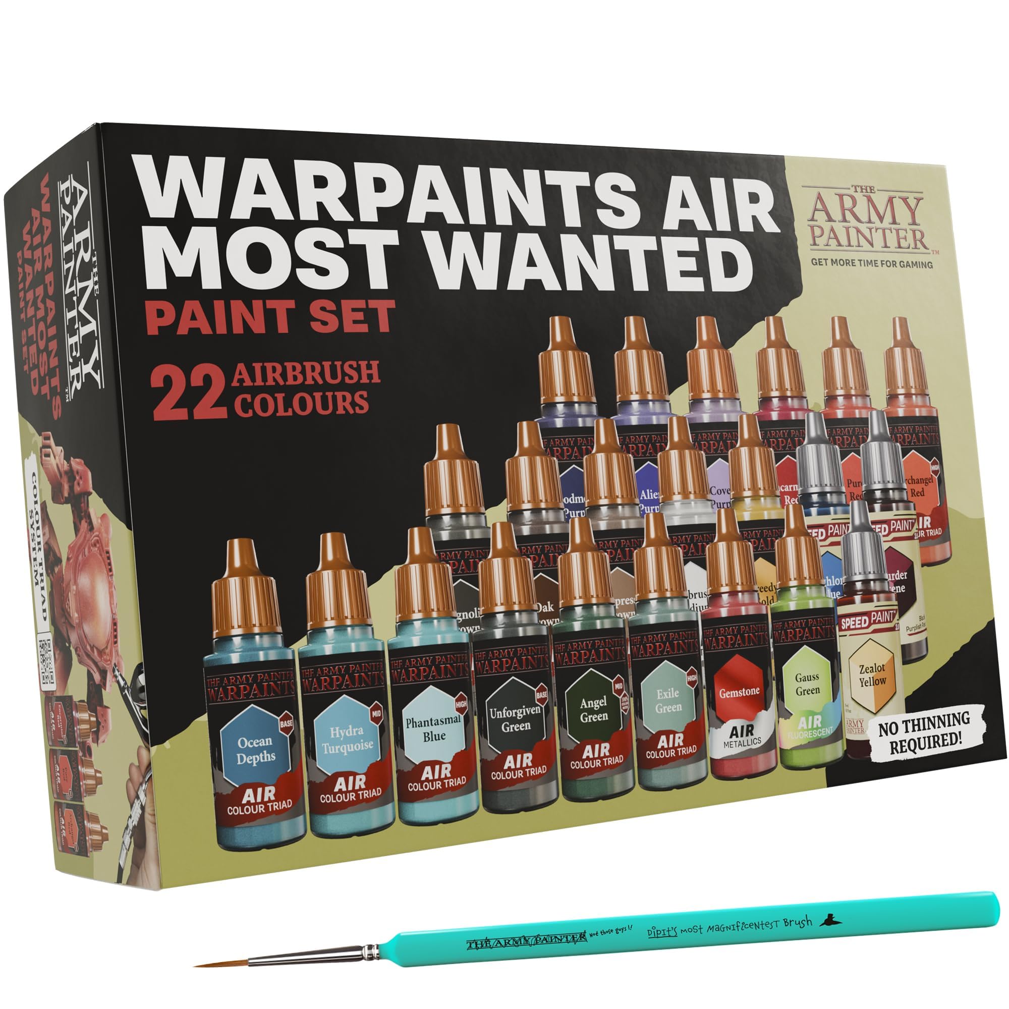 The Army Painter, Warpaints Air Most Wanted Paint Set C, 22x18ml paints, 19 Acrylic Airbrush, incl. 2 Metallics, 1 Fluorescent, 1 Medium, 3 Speedpaints & 1 brush - for model and miniature painting